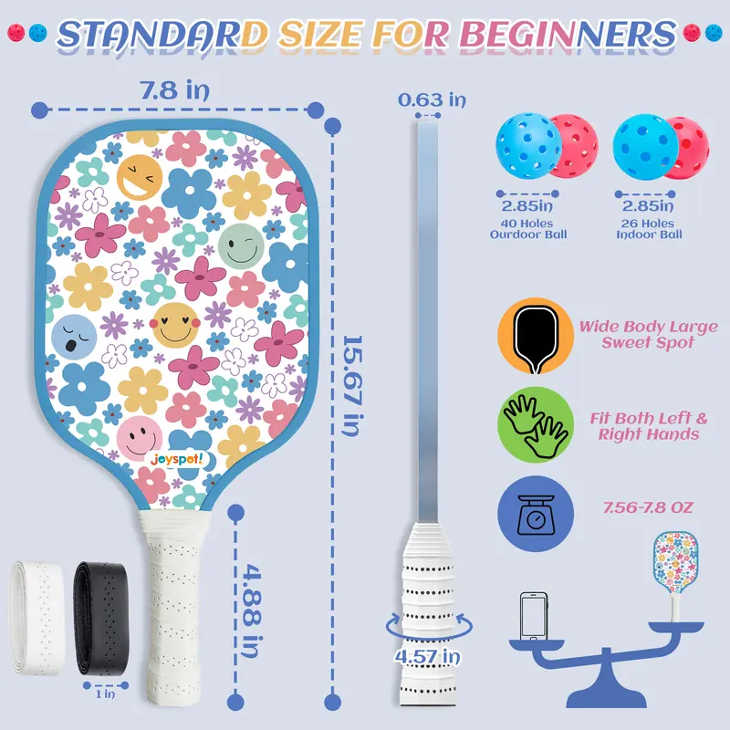 Joyspot Premium Pickleball Paddles Set 2, 7.5oz Fiberglass Surface Honeycomb Core, Includes 4 Indoor Outdoor Balls Carry Bag for Beginners Women Men