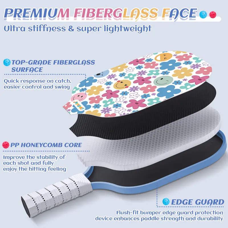 Joyspot Premium Pickleball Paddles Set 2, 7.5oz Fiberglass Surface Honeycomb Core, Includes 4 Indoor Outdoor Balls Carry Bag for Beginners Women Men