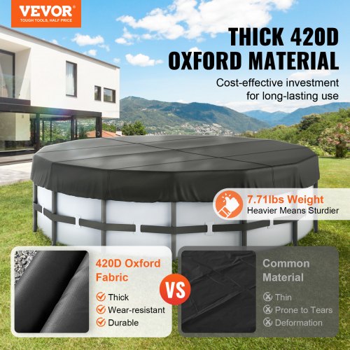 18 Ft Round Pool Cover, Solar Covers for Above Ground Pools, Safety Pool Cover with Drawstring Design, 420D Oxford Fabric Summer Pool Cover, Waterproof and Dustproof, Black