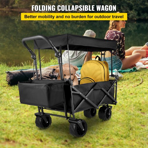 Extra Large Collapsible Garden Cart with Removable Canopy, Folding Wagon Utility Carts with Wheels and Rear Storage, Wagon Cart for Garden, Camping, Grocery Cart, Shopping Cart, Black