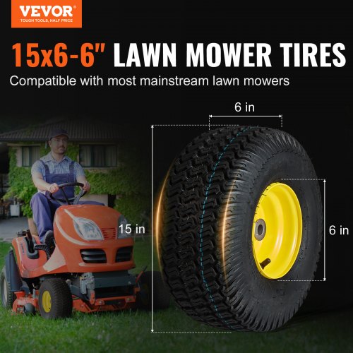 Lawn Mower Tires with Rim, 15x6-6" Tubeless Tractor Tires, 2-Pack Tire and Wheel Assembly, S-Turf Pneumatic Tires, 3" Offset Hub, 3/4" Bushing Size, 16 PCS Adapters for Riding Mower Lawn Tractor