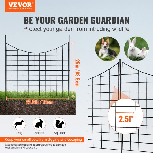 Garden Fence, 36.6in(H) x29.5in(L) Animal Barrier Fence, Underground Decorative Garden Fencing with 2.5 Inch Spike Spacing, Metal Dog Fence for The Yard and Outdoor Patio, 5 Pack