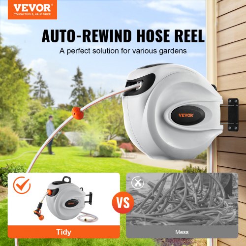 Retractable Hose Reel Water Hose Reel 100'x1/2" 180° Swivel Wall-Mounted,Garden Water Hose Reel with 9-Pattern Nozzle,Automatic Rewind, Lock at Any Length, with Slow Return System