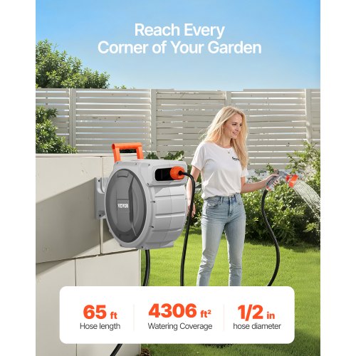 Retractable Garden Hose Reel, 1/2 Inch x 65 ft Wall Mounted, Heavy Duty Garden Hose Reel with 9 Patterns Nozzle, Any Length Lock, Upgraded Slow Return System and 180°Swivel Bracket