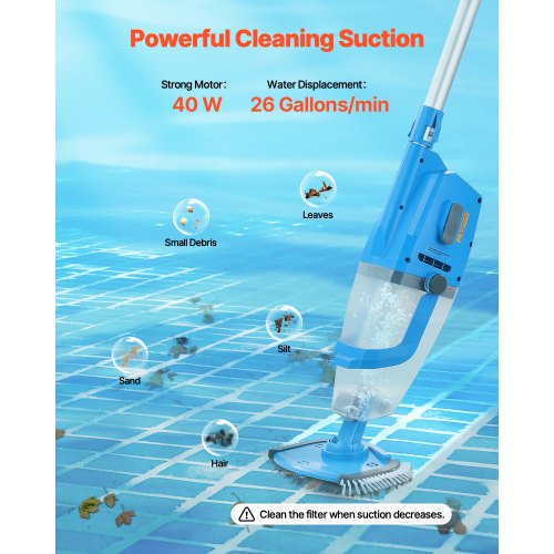 Pool Vacuum, 26 GPM Handheld Cordless Hot Tub Vacuum with Extension Pole, for Deep Cleaning & Strong Suction, Rechargeable Pool Cleaner, Running up to 1Hour, for Above Ground/Inground Pool Spas