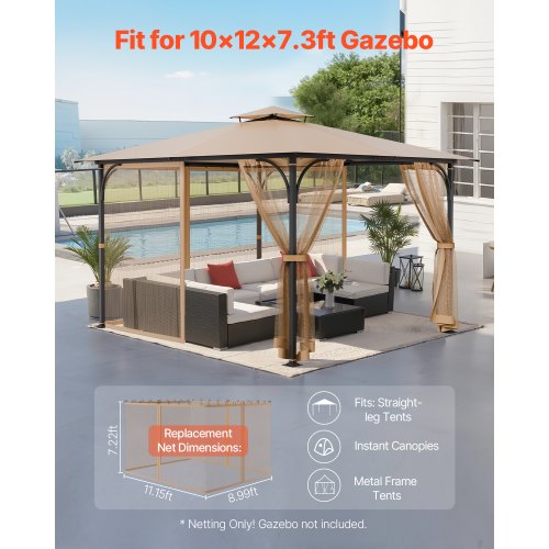 Replacement Mesh Gazebo Netting Screen for 10x12x7.3 ft Outdoor Patio, Net Only