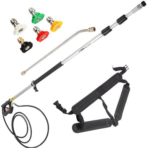 Telescoping Pressure Washer Wand, 18ft Length Adjustable Power Washer Extension Wand, 4000PSI 9GPM Power Cleaning Tools w/ Strap Belt, 5 Nozzle Tips, 3/8'' & 1/4'' Quick Connectors, Silver/Black
