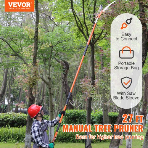 Manual Pole Saw, 7.3-27 ft Extendable Tree Pruner, Sharp Steel Blade and Scissors High Branches Trimming, Branch Trimmer with Lightweight 8 Fiberglass Handles, for Pruning Palms and Shrubs