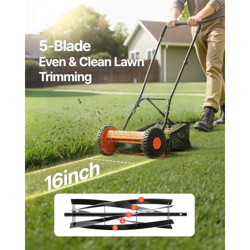 16" Manual Push Reel Lawn Mower 5-Blade Adjustable Height Grass Catcher 2 Wheels