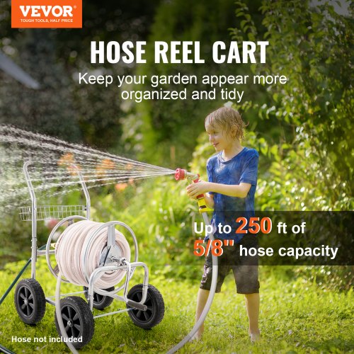 Hose Reel Cart, Hold Up to 250 ft of 5/8’’ Hose, Garden Water Hose Carts Mobile Tools with 4 Wheels, Heavy Duty Powder-coated Steel Outdoor Planting with Storage Basket, for Garden, Yard, Lawn