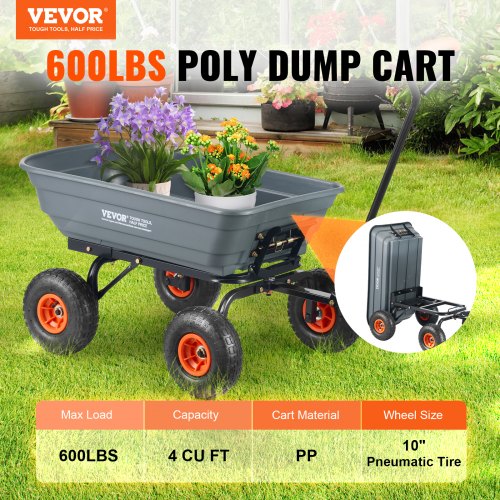 Dump Cart, Poly Garden Dump Cart with Easy to Assemble Steel Frame, Dump Wagon with 2-in-1 Convertible Handle, Utility Wheelbarrow 600 lbs Capacity, 10 inch Tires