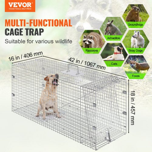 Live Animal Cage Trap, 42" x 16" x 18" Humane Cat Trap Galvanized Iron, Folding Animal Trap with Handle for Stray Dogs, Armadillos, Raccoons, Marmots, Foxes