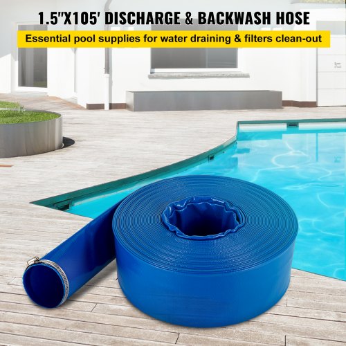Discharge Hose, 1-1/2" x 105', PVC Fabric Lay Flat Hose, Heavy Duty Backwash Drain Hose with Clamps, Weather-proof & Burst-proof, Ideal for Swimming Pool & Water Transfer, Blue