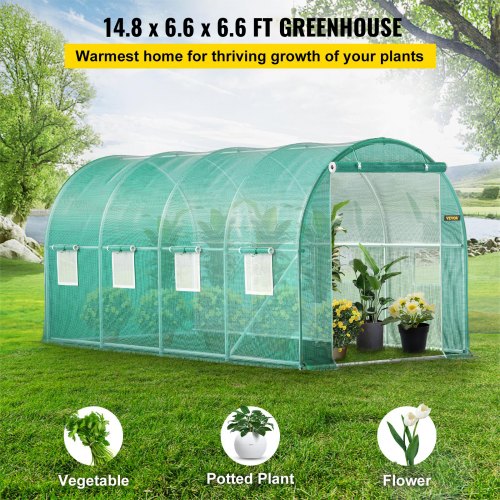 Walk-in Tunnel Greenhouse, 14.8 x 6.6 x 6.6 ft Portable Plant Hot House w/ Galvanized Steel Hoops, 1 Top Beam, Diagonal Poles, Zippered Door & 8 Roll-up Windows, Green