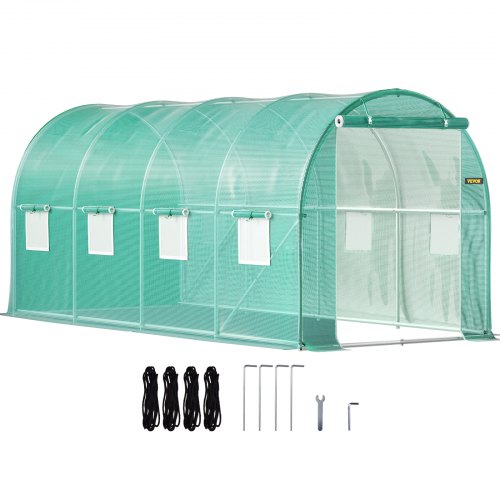 Walk-in Tunnel Greenhouse, 14.8 x 6.6 x 6.6 ft Portable Plant Hot House w/ Galvanized Steel Hoops, 1 Top Beam, Diagonal Poles, Zippered Door & 8 Roll-up Windows, Green
