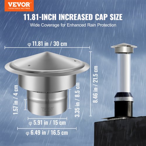 Chimney Cap, 6 inch, 304 Stainless Steel Round Roof Rain Cap, 11.81-inch Increased Caps, All Weather & Reinforced Screws & Easy Installation, for Perfect Insulation Vent Cover Outside, Silver