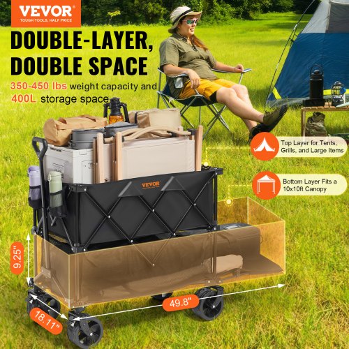 Foldable Double Decker Wagon, 400L Collapsible Wagon Cart with All-Terrain Wheels, Heavy Duty Folding Wagon Cart 350-450 lb Weight Capacity for Camping, Shopping, Garden, 52" Extra Long Extender