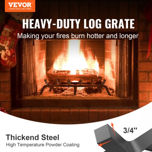 Fireplace Log Grate, 27 inch Heavy Duty Fireplace Grate with 6 Support Legs, 3/4’’ Solid Powder-coated Steel Bars, Log Firewood Burning Rack Holder for Indoor and Outdoor Fireplace