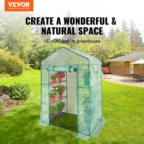 Walk-in Green House, 4.6 x 2.4 x 6.7 ft, Greenhouse with Shelves, High Strength PE Cover with Doors, Windows and Steel Frame, Set Up in Minutes, for Planting and Storage