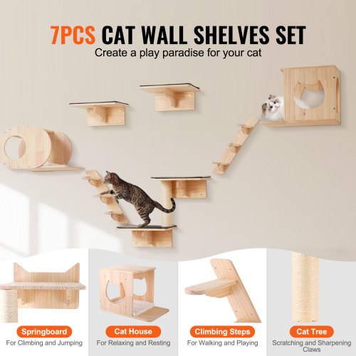 Wall Mounted Cat Shelves Tree with Jumping Boards Nests Hammock Set of 7
