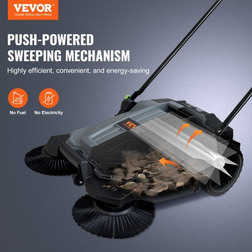 Walk-behind Hand Push Floor Sweeper, 25.6" Sweeping Width Floor Sweeper Manual Non-Electric, 5-Gallon Waste Container, Angle & Height Adjustable Folding Handle for Walkway, Yard, Garage, Patio