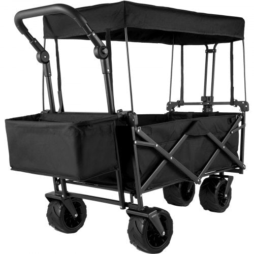 Extra Large Collapsible Garden Cart with Removable Canopy, Folding Wagon Utility Carts with Wheels and Rear Storage, Wagon Cart for Garden, Camping, Grocery Cart, Shopping Cart, Black