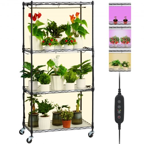 Plant Stand with Grow Light, 4-Tier Plant Shelf with 45W Full Spectrum Grow Light, 3 Mode Plant Light with Timer and Wheel for Seed Starting, Metal Grow Light Shelf for Indoor Plants