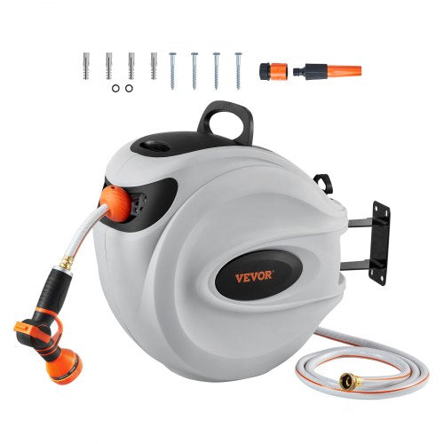 Retractable Hose Reel Water Hose Reel 100'x1/2" 180° Swivel Wall-Mounted,Garden Water Hose Reel with 9-Pattern Nozzle,Automatic Rewind, Lock at Any Length, with Slow Return System