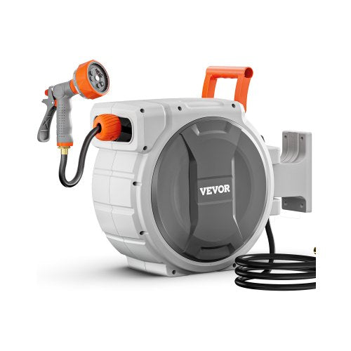 Retractable Garden Hose Reel, 1/2 Inch x 65 ft Wall Mounted, Heavy Duty Garden Hose Reel with 9 Patterns Nozzle, Any Length Lock, Upgraded Slow Return System and 180°Swivel Bracket