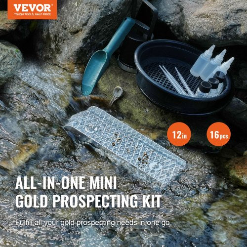 Mini Sluice Box Gold Panning Kit, 12inch Aluminum Alloy Gold Mining Equipment, 16 PCS Gold Prospecting Kit with Gold Pan, Separating Magnet, Classifier Screen, Drawstring Backpack and More